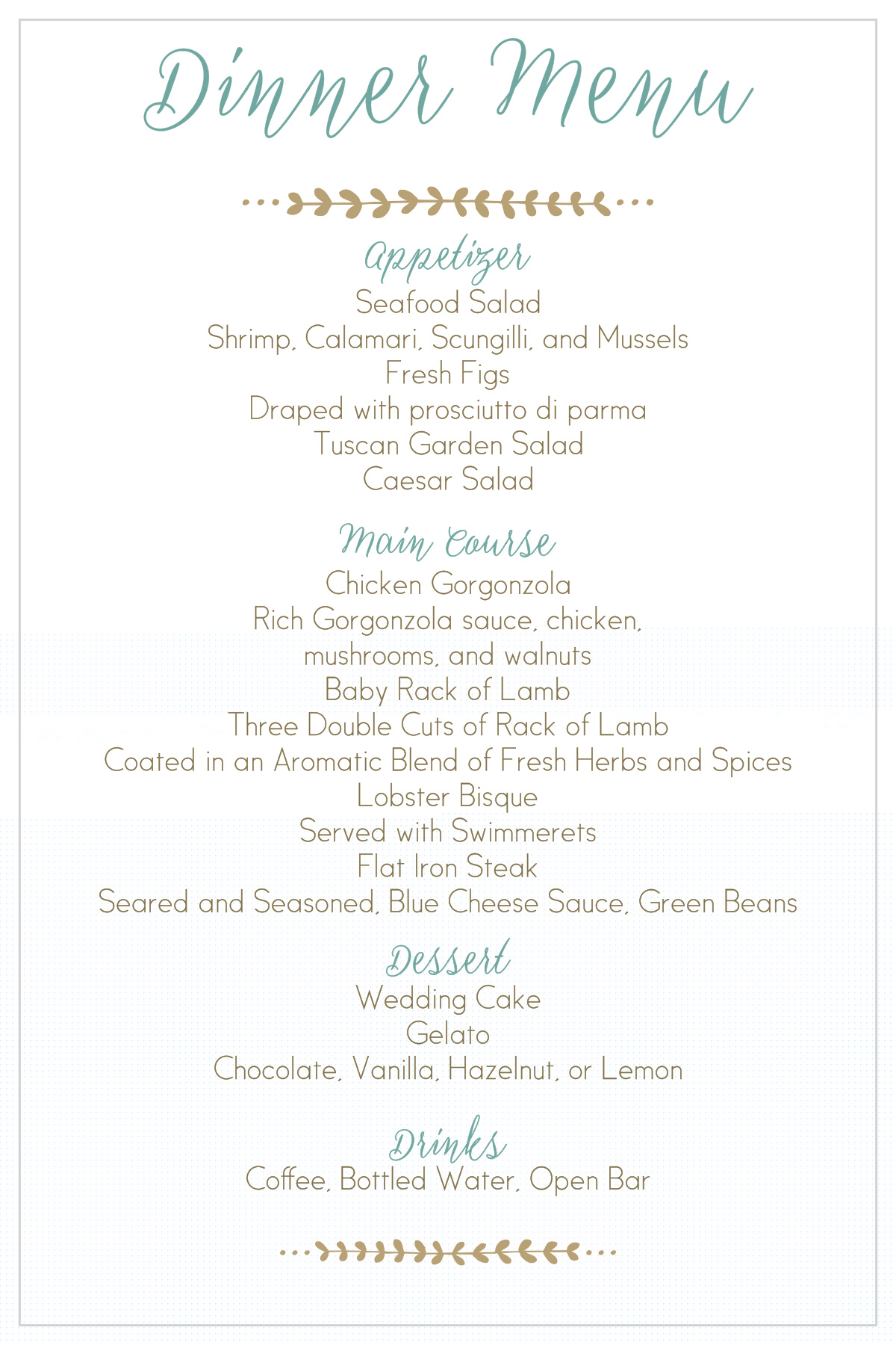 Back to Nature Wedding Menus