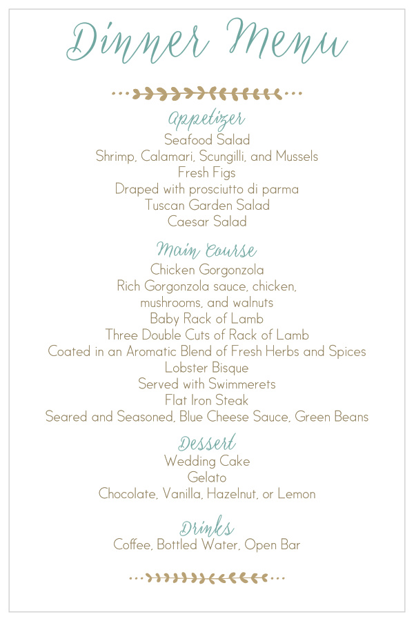 The Back to Nature wedding menu is perfectly designed to compliment the entire Back to Nature invitation set while expertly delivering your meal menu. 