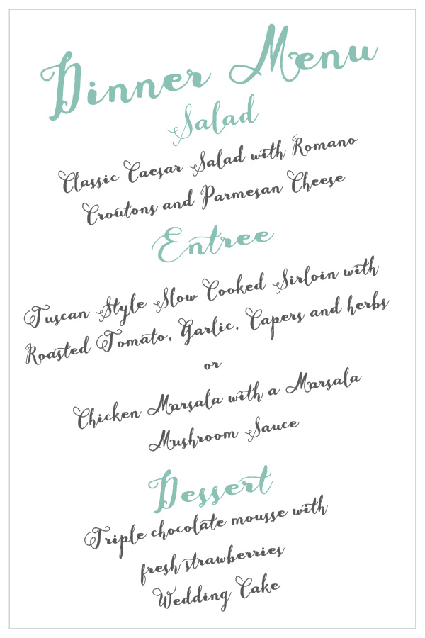 Float Away Wedding Menus