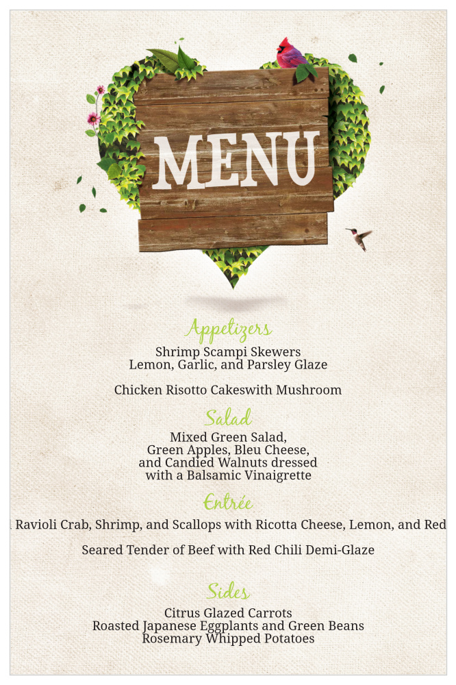 Heart Shrubbery Wedding Menu