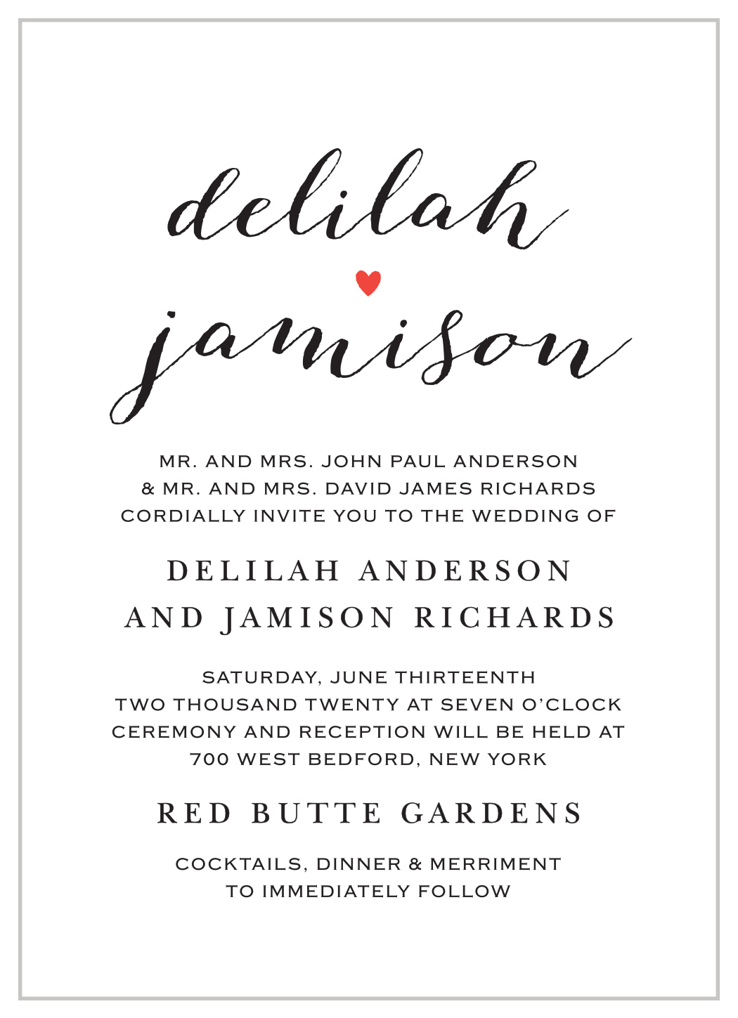 Script Heart Portrait Wedding Invitations