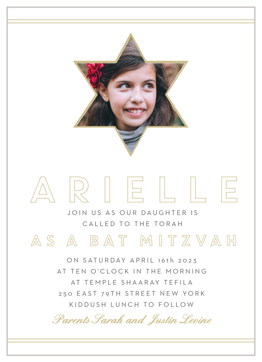 Frame yourself in the time-honored traditions of being calls to the Torah as a Bat Mitzvah by wrapping your picture in the Star of David with the help of the Our Star Bat Mitzvah Invitations!