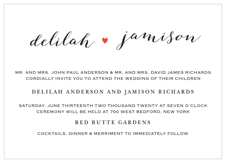 The playful simplicity of the Script Heart Wedding Invitations are what makes these typographic cards so delightful.