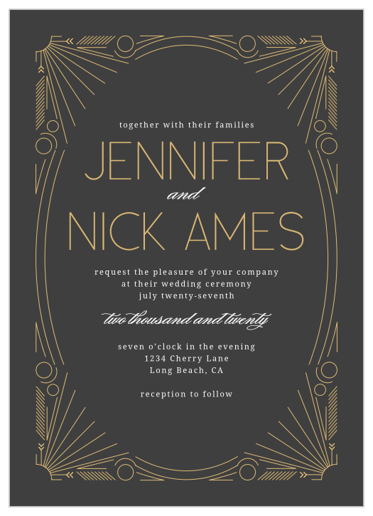 Your guests will be delighted when they receive our Framed Art Deco Foil Invitation. A beautifully simple illustration of an art deco frame surrounds all of your important info.