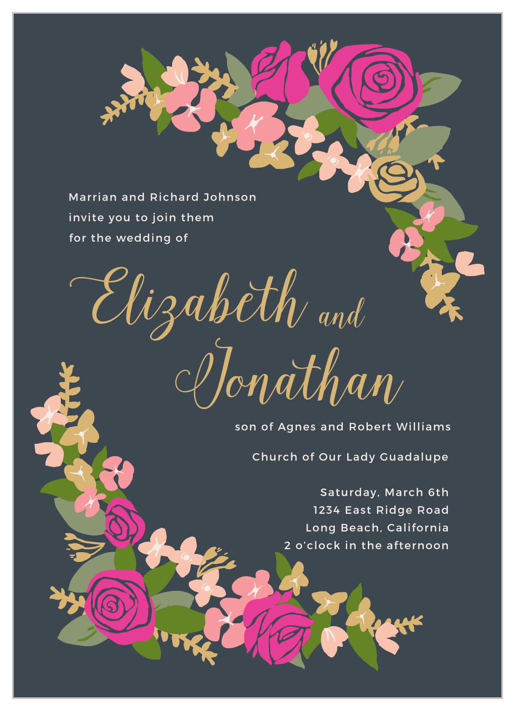 Illustrated Corner Wreath Foil Wedding Invitations
