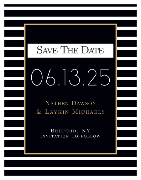 The Elegant Foil Stripes is an elegant save the date card with a glitter sparkle title. As always, you can change the colors and fonts in order to match your wedding scheme. Personalize the card and see your modifications instantly!