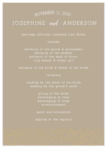 Elegant Foil dots border your ceremony details on the Confetti Dots Foil Wedding Program. 