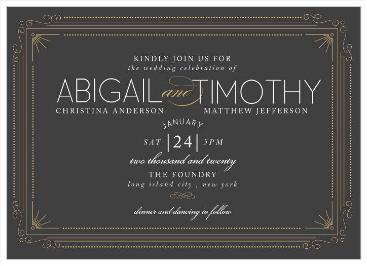 The Stylized Sunbursts Foil invitation frames the card with a beautiful foil border. The scripted font paired with simplicity is the perfect touch to your wedding celebration.