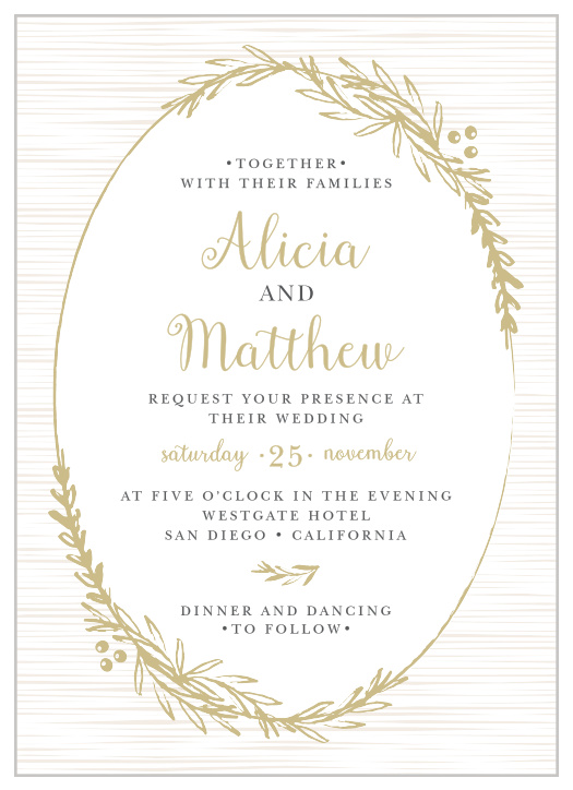 Frame your beautiful wedding invitation in a beautiful foil wreath with the Delicate Laurel Foil Wedding Invitation.