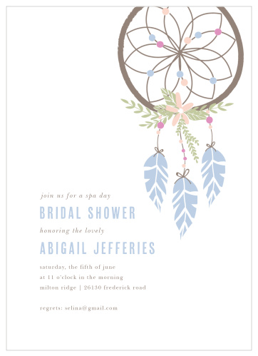 Stay classy with the Floral Dreamcatcher Shower invitation. Change the colors, fonts and even the pattern, in order to make this invite stand out among all the rest!