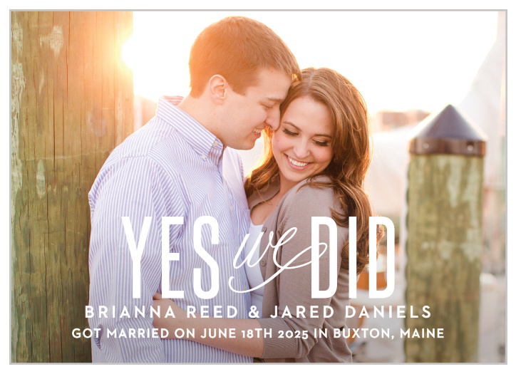 Traditional Script Wedding Announcement is a card filled with beautiful script, with you and your love right in the center of it all.