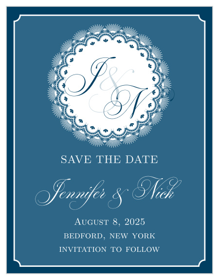 The intricate details in this save-the-date set it apart as stylish. The Lace Doily card provides a very classy feel for your information and design your initials into a monogram at the top.