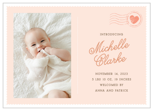 The Vintage Envelope birth announcements put your baby's adorable face on the stamp of an old-timey styled card that looks as if it were an envelope.