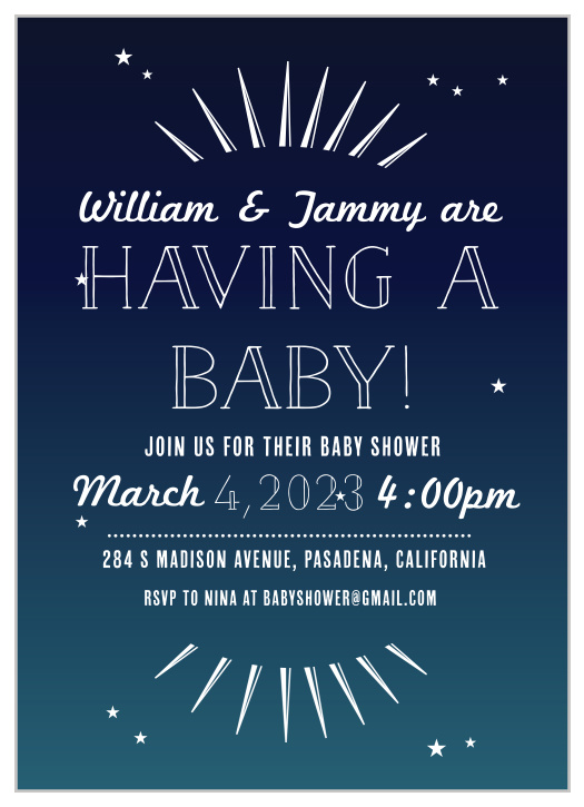 The Bright Night baby shower invitations have a dark blue background with tiny stars throughout giving your design a fun and unique look.