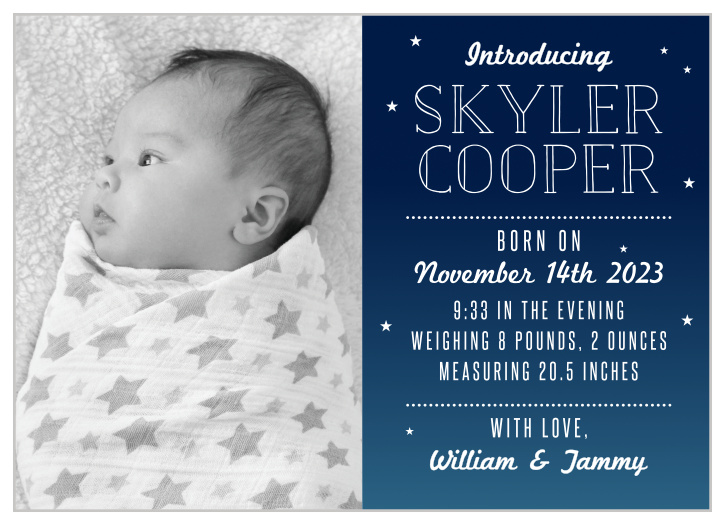 The Bright Night birth announcements give you half the card to show off your new bundle of joy with a great big photo.