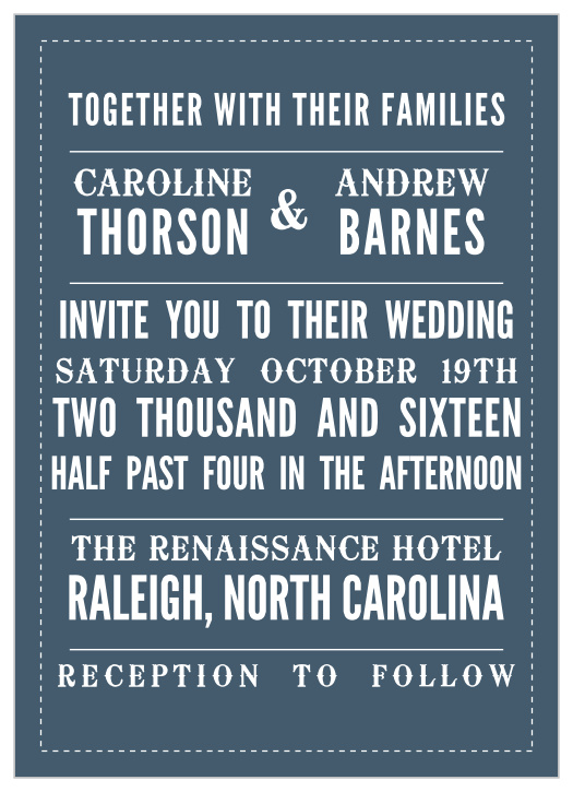 Catch the attention of friends and family with the Retro Poster Wedding Invitations from the Crafty Pie Collection at Basic Invite. These invites feature bold fonts, a dashed border and they are organized with divider lines just like an old-time poster.