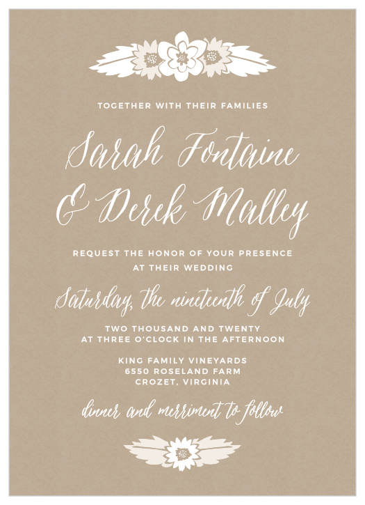 The Rustic Floral Wedding Invitations feature charming flower bunches atop a kraft pattern background. 