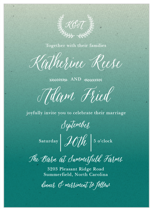 Hand-drawn laurels and a printed gradient background with the look of texture combine to create the Rustic Ombre Wedding Invitations.