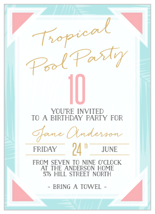 Tropical pool party invitations with retro palm fronds and a beachy vibe are the perfect way for you to invite your guests to your big event.