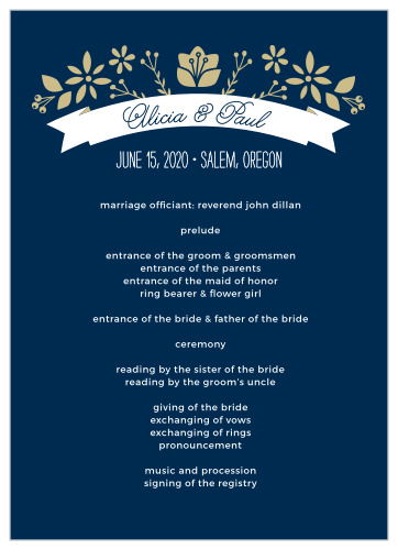 A ribbon with a crown of folk art flowers adorns the top of the Folksy Floral Wedding Programs. 