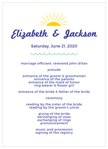 Scalloped waves and a half-sun illustration give the Modern Beach Wedding Programs a fun, laid-back feel.