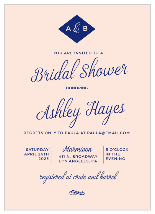 Gather friends and family together with the Monogram Diamond Bridal Shower Invitations from the Crafty Pie Collection at Basic Invite. 