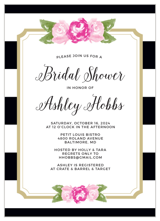 Invite friends and family to celebrate the Bride-to-be with the Floral Stripe Bridal Shower Invitations from the Crafty Pie Collection at Basic Invite. 