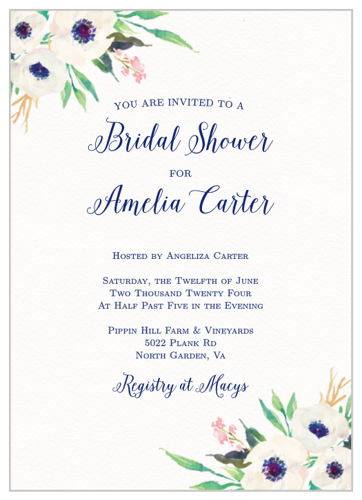Lush florals adorn the corners of the Watercolor Anemone Bridal Shower Invitations. 