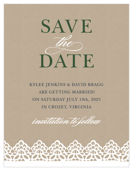 Beautiful lace details garnish the bottom of the Rustic Lace Save-the-Date Cards. 