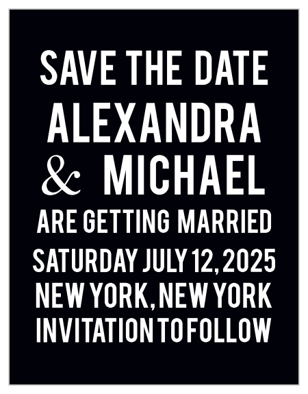 Bold fonts and block text create the distinct look of the Modern Poster Save-the-Date Magnets. 