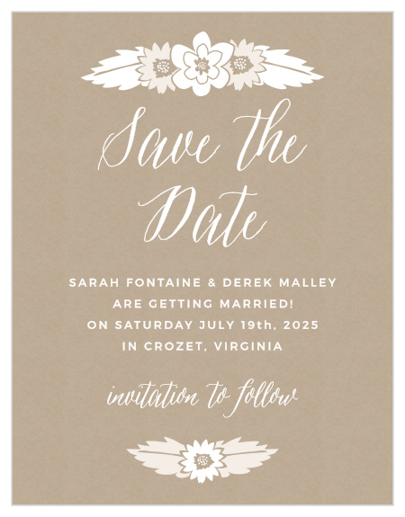 Charming flowers sit atop a kraft pattern background on the Rustic Floral Save-the-Date Magnets.