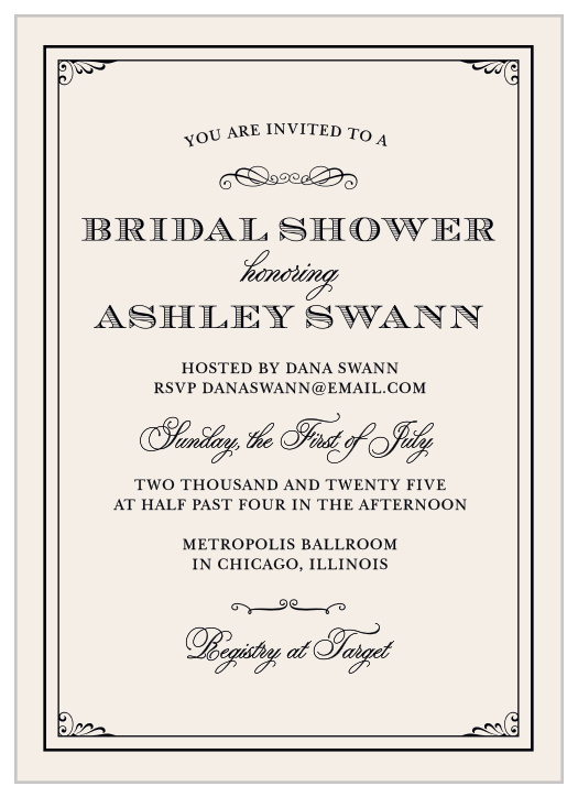 A romantic frame and sophisticated fonts make the Vintage Victorian Bridal Shower Invitations from the Crafty Pie Collection at Basic Invite a classic choice for your Bridal Shower. 