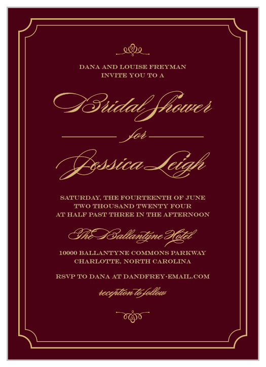 Luxurious embellishments, beautiful fonts and a scallop frame make the Elegant Script Foil Bridal Shower Invitations from the Crafty Pie Collection at Basic Invite a posh choice for your bridal shower. 