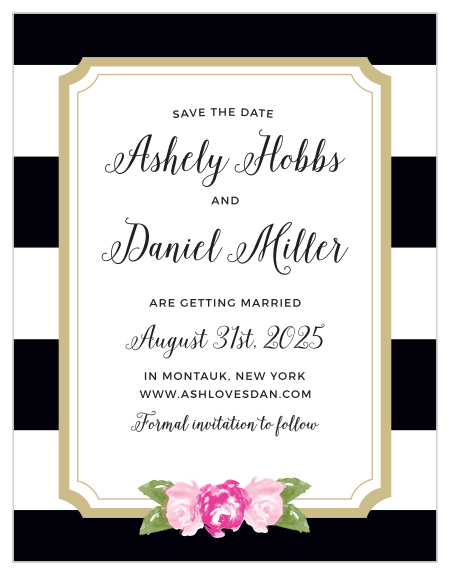 Make your exciting announcement with the Floral Stripe Save-the-Date Cards from the Crafty Pie Collection at Basic Invite. 