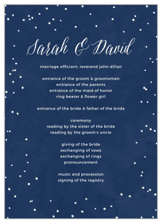 Keep the wedding party on schedule with the Beautiful Night Wedding Programs. 