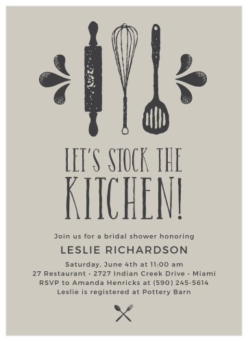 Invite guests to your kitchen themed party with the Stock the Kitchen Bridal Shower Invitations.