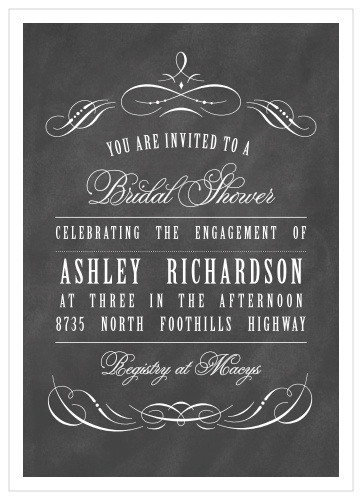 The Vintage Ornamental Bridal Shower Invitations' western style fonts, beautiful swirl embellishments and chalkboard background give it a retro vibe.
