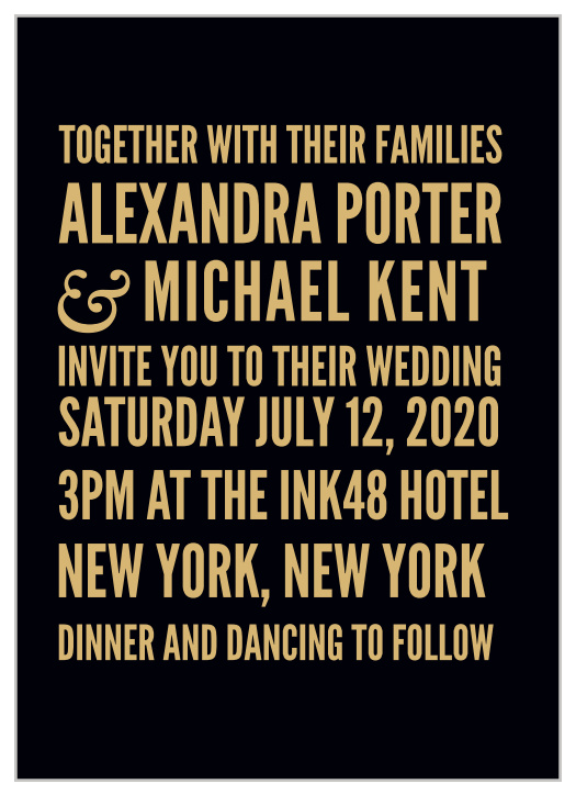 Bold fonts in block text create the distinct look of the Modern Poster Foil Wedding Invitations. 