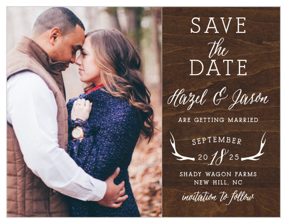 Add your engagement photo to the Rustic Wood Photo Save-the-Date Magnets. 