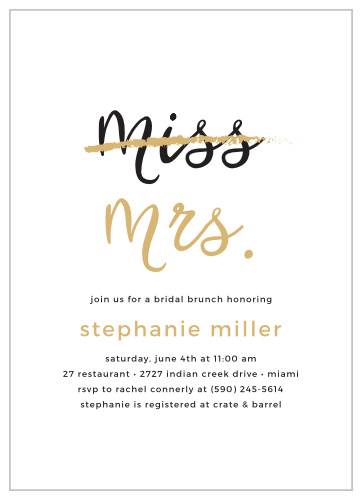 Throw a party in honor of the bride-to-be with the Miss to Mrs Foil Bridal Shower Invitations. 