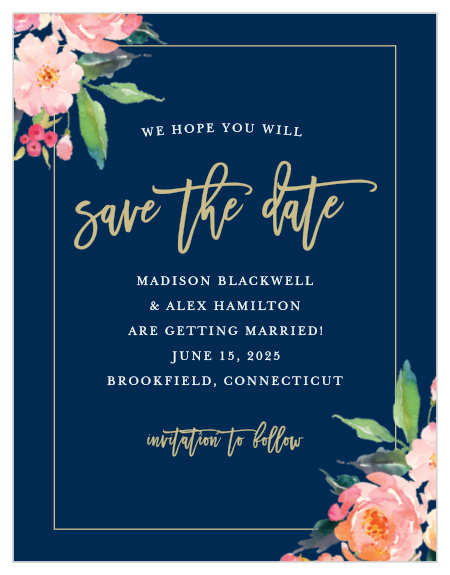 Blossoming watercolor florals adorn the corners of Standing Ovation Save-the-Date Magnets.