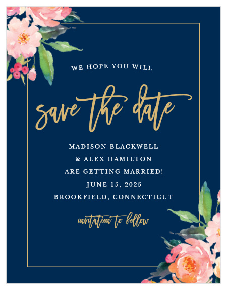 Blossoming watercolor florals adorn the corners of Standing Ovation Foil Save-the-Date Cards. This design frames your information in a skinny border in our real gold or silver pressed foil! Play with the colors of the watercolor florals using our palette of more than 160 custom colors. The Standing Ovation Foil Save-the-Date Cards are part of the Crafty Pie Collection at Basic Invite.