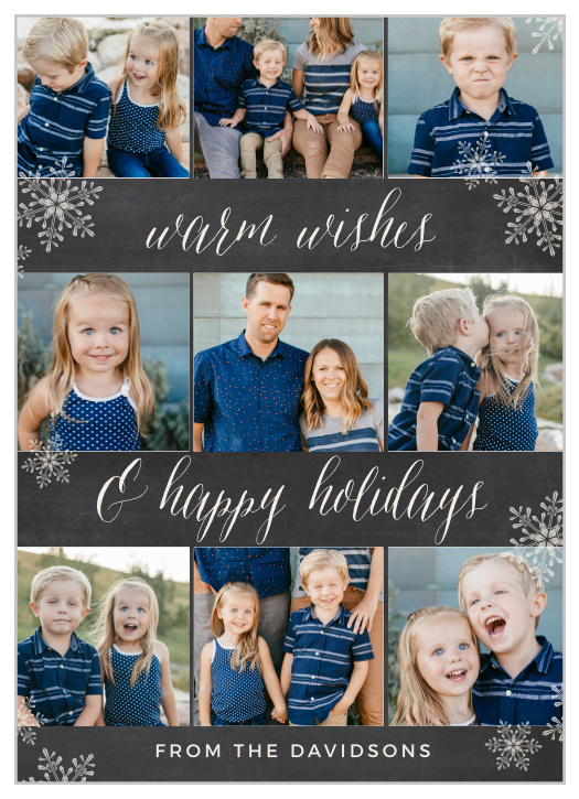 Falling snowflakes and nine of your family's snapshots festoon the Decorated Filmstrip Holiday Cards. 