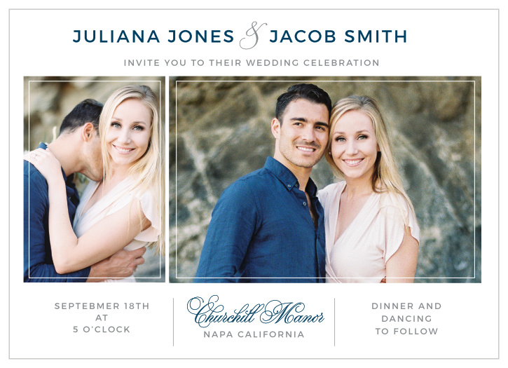 Thin lines frame two of your engagement photos on the Contemporary Frame Wedding Invitations. 