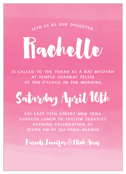 The Watercolor Ombre Bat Mitzvah cards perfectly capture a sunset - or a sunrise! It's all up to you. Customize the beautiful pastel colors to fit your dream Bat Mitzvah theme and invite everyone you love. This will be a celebration to remember!