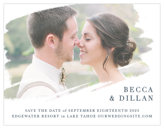 Your photo is artistically displayed on the Brushstroke Bliss Photo Save-the-Date Magnets.