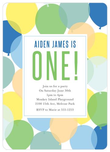 Celebrate your growing boy with the Buoyant Balloons Boy First Birthday Invitations.