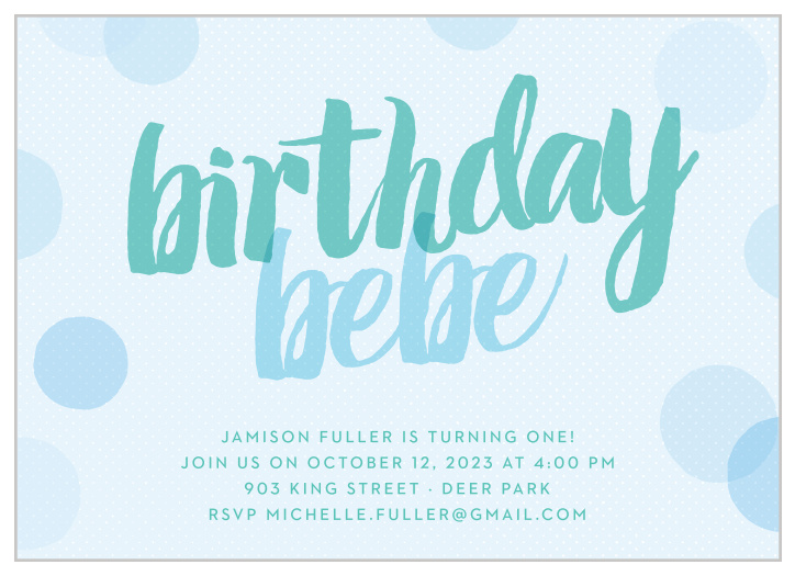 Layers of polka dots and a chunky brush font give the Big Script Boy First Birthday Invitations cute, modern appeal. 