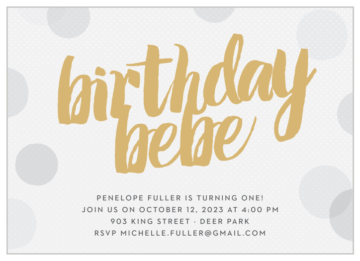 Layers of polka dots and a chunky brush font give the Big Script Foil First Birthday Invitations cute, modern appeal. 