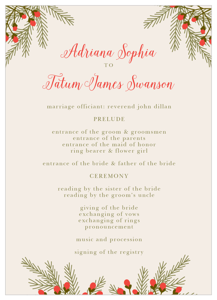 Pine Berries Wedding Programs